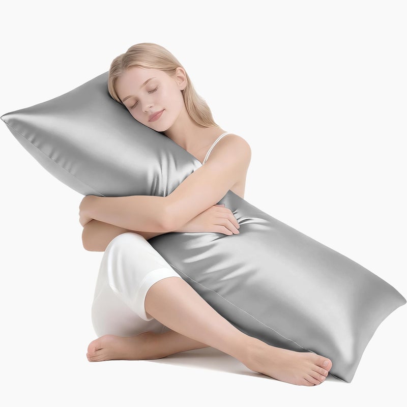 MR&HM Satin Body Pillow Cover, Soft and Breathable Body Pillow Case with Envelope Closure, Cooling and Silky Long Pillowcase for Hair and Skin,Grey (20x54, Silver Grey) - Image 1